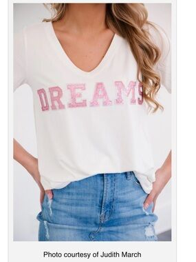 Judith March White V-Neck Tee with Pink Sequin DREAMS NWOT